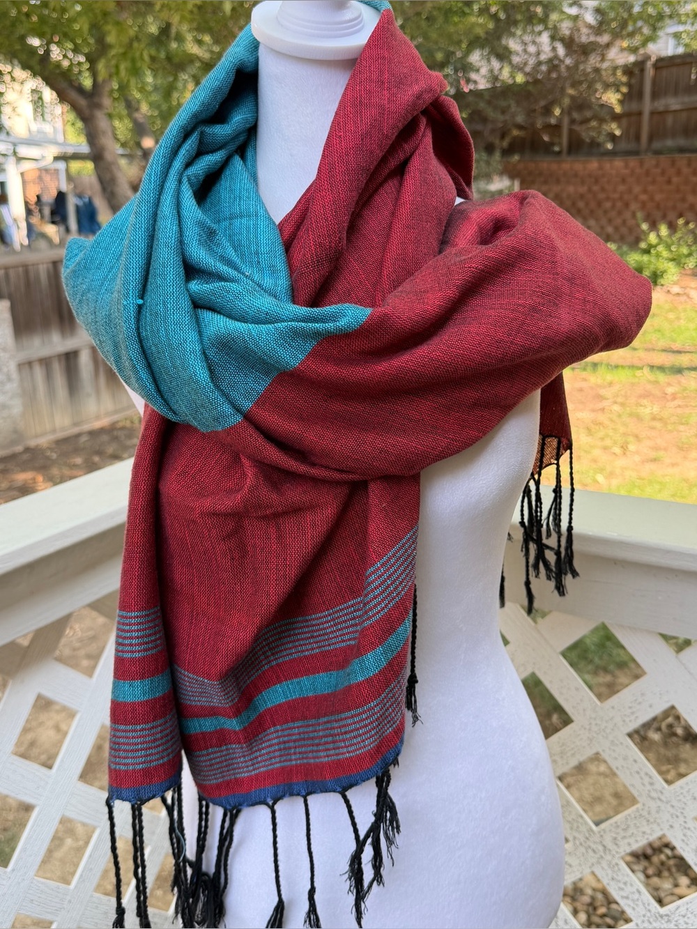 Teal Burgundy shawl Color Block Tassels Art to Wear Woven 64.5x28.5” long & Wide